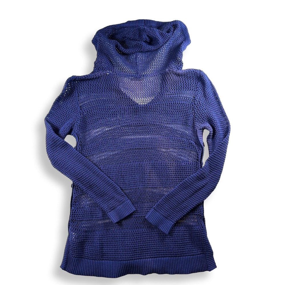 Paradise Shores Blue Open Knit Crochet Hoodie Sweater Side Button Cotton Large - Picture 2 of 7
